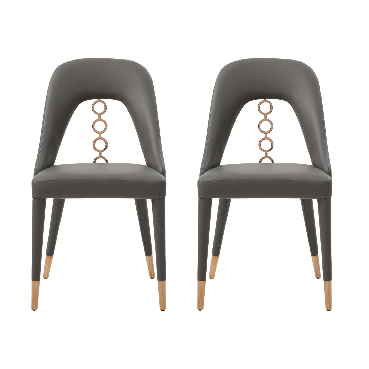 Set of Two Gray Faux Leather Dining Side Chairs With Rose Gold Accents