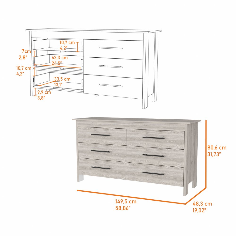 32" Light Gray Six Drawer Double Dresser