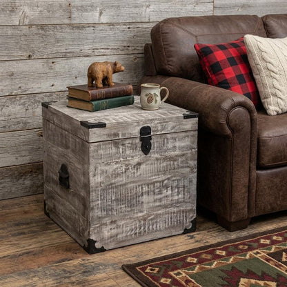 20" Gray Distressed Solid Wood Square Trunk Storage End Table