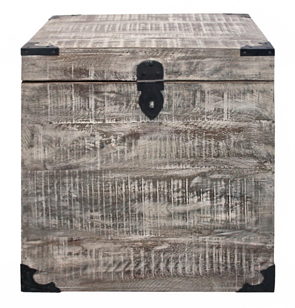 20" Gray Distressed Solid Wood Square Trunk Storage End Table