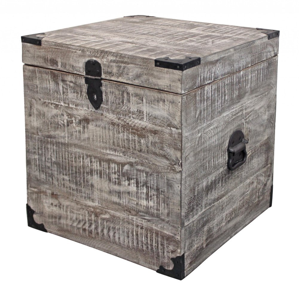 20" Gray Distressed Solid Wood Square Trunk Storage End Table
