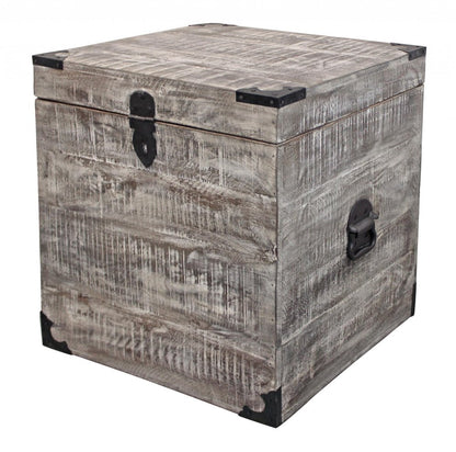 20" Gray Distressed Solid Wood Square Trunk Storage End Table
