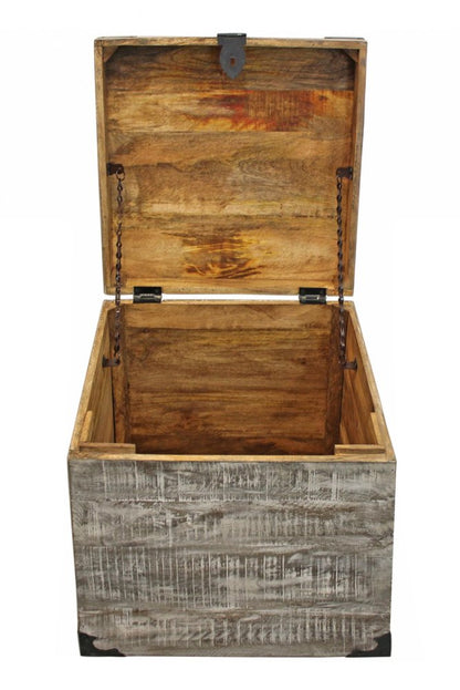 20" Gray Distressed Solid Wood Square Trunk Storage End Table