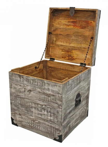 20" Gray Distressed Solid Wood Square Trunk Storage End Table