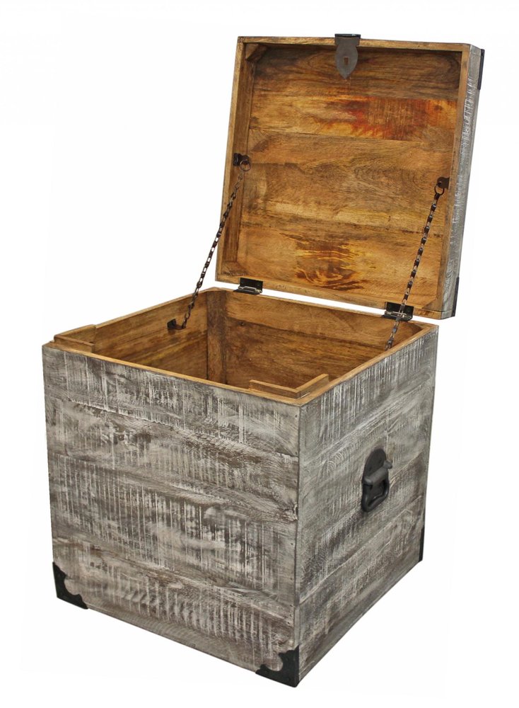 20" Gray Distressed Solid Wood Square Trunk Storage End Table
