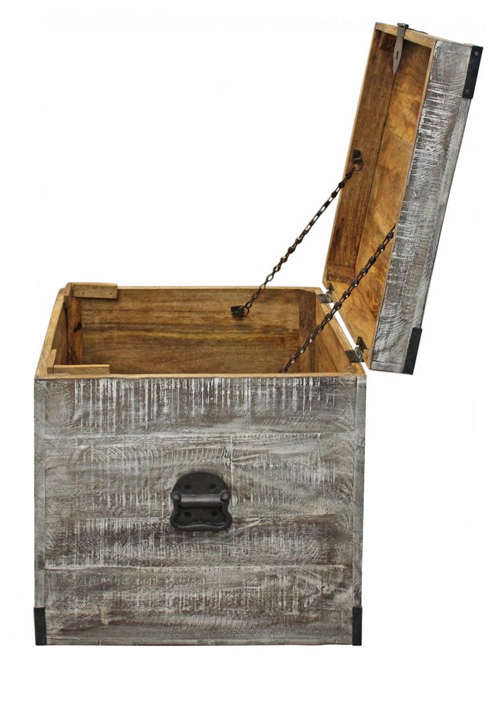20" Gray Distressed Solid Wood Square Trunk Storage End Table
