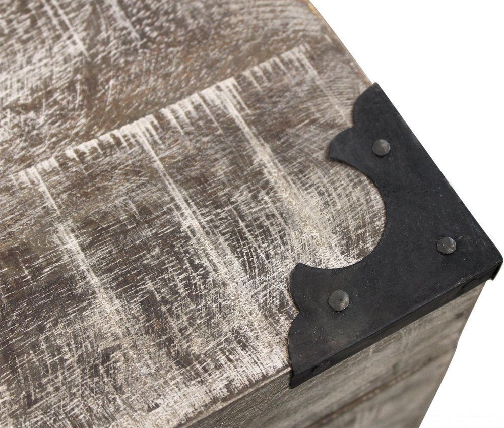 20" Gray Distressed Solid Wood Square Trunk Storage End Table
