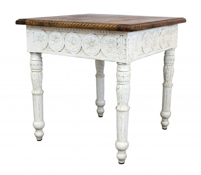 24" Ivory And Brown Distressed Solid Wood Square End Table