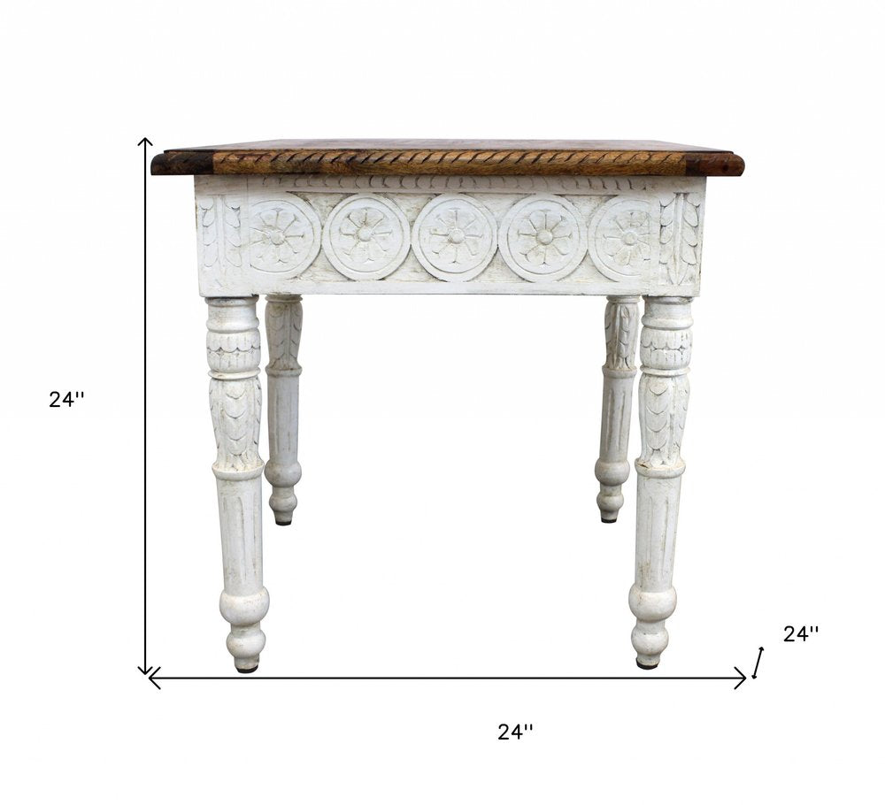 24" Ivory And Brown Distressed Solid Wood Square End Table