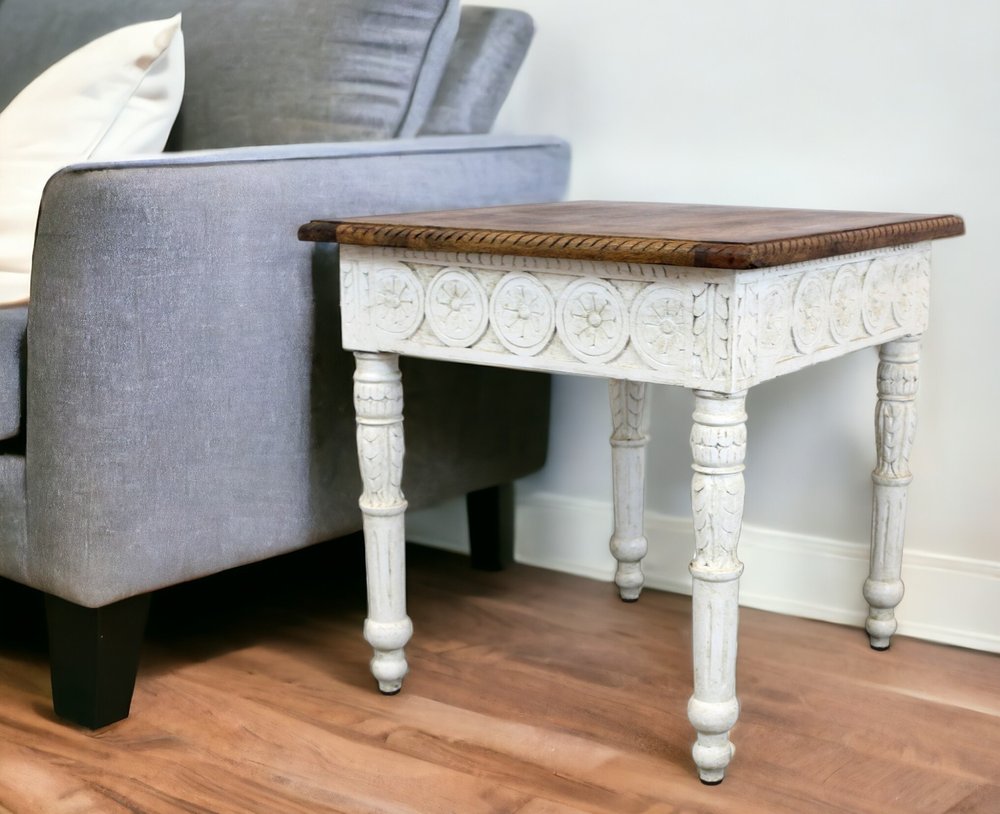 24" Ivory And Brown Distressed Solid Wood Square End Table