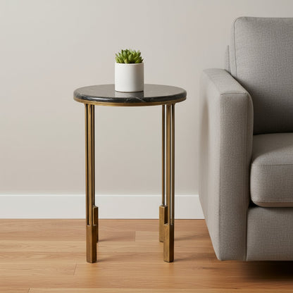 23" Gold And Black Marble And Iron Round End Table