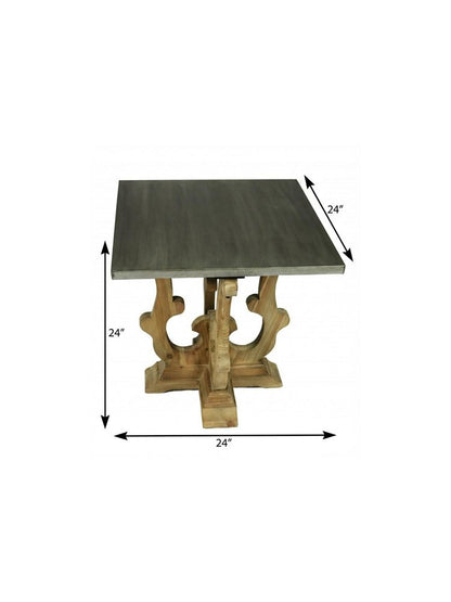 24" Natural Brown And Gray Metal And Solid Wood Square End Table