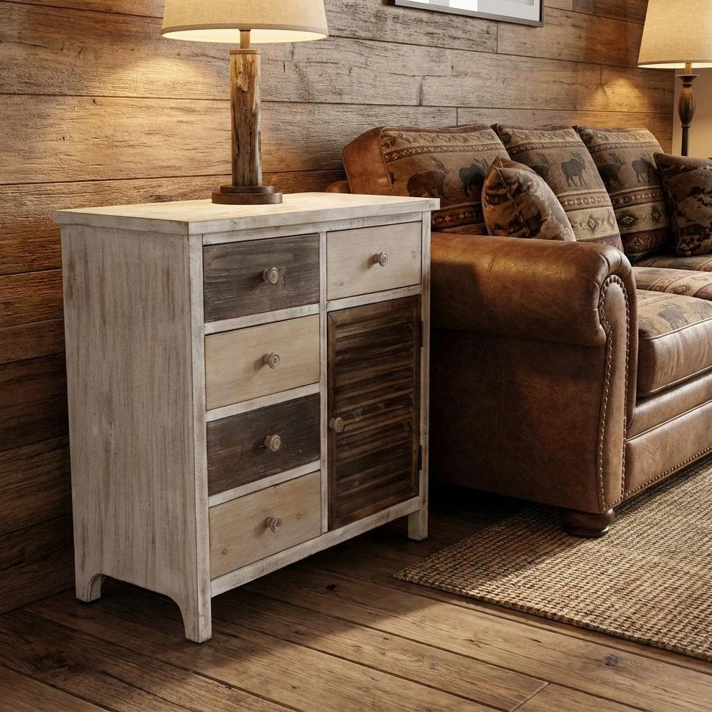 32" Brown Solid Wood End Table With Five Drawers And Two Shelves