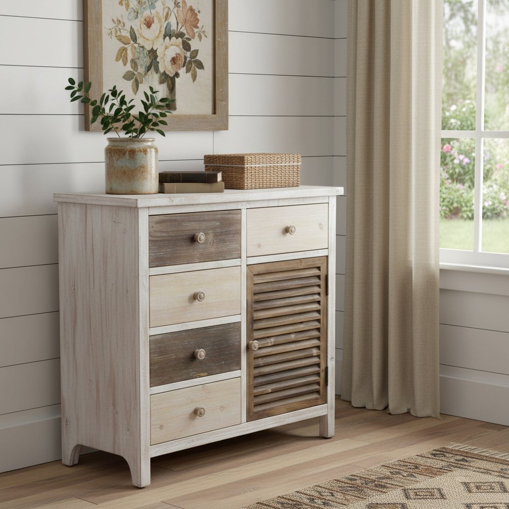 32" Brown Solid Wood End Table With Five Drawers And Two Shelves