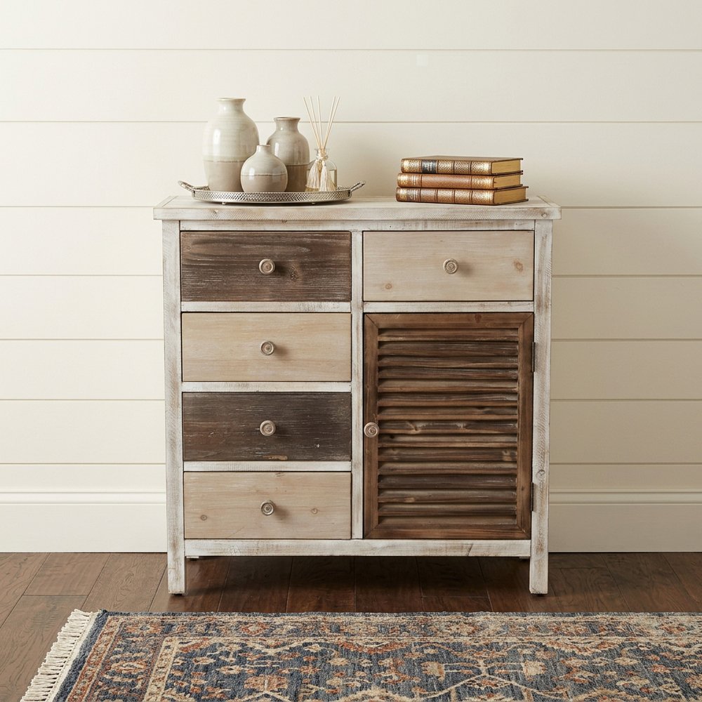 32" Brown Solid Wood End Table With Five Drawers And Two Shelves