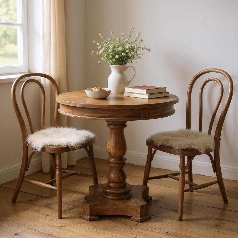 30" Wood Brown Rounded Solid Wood Pedestal Base Dining Table