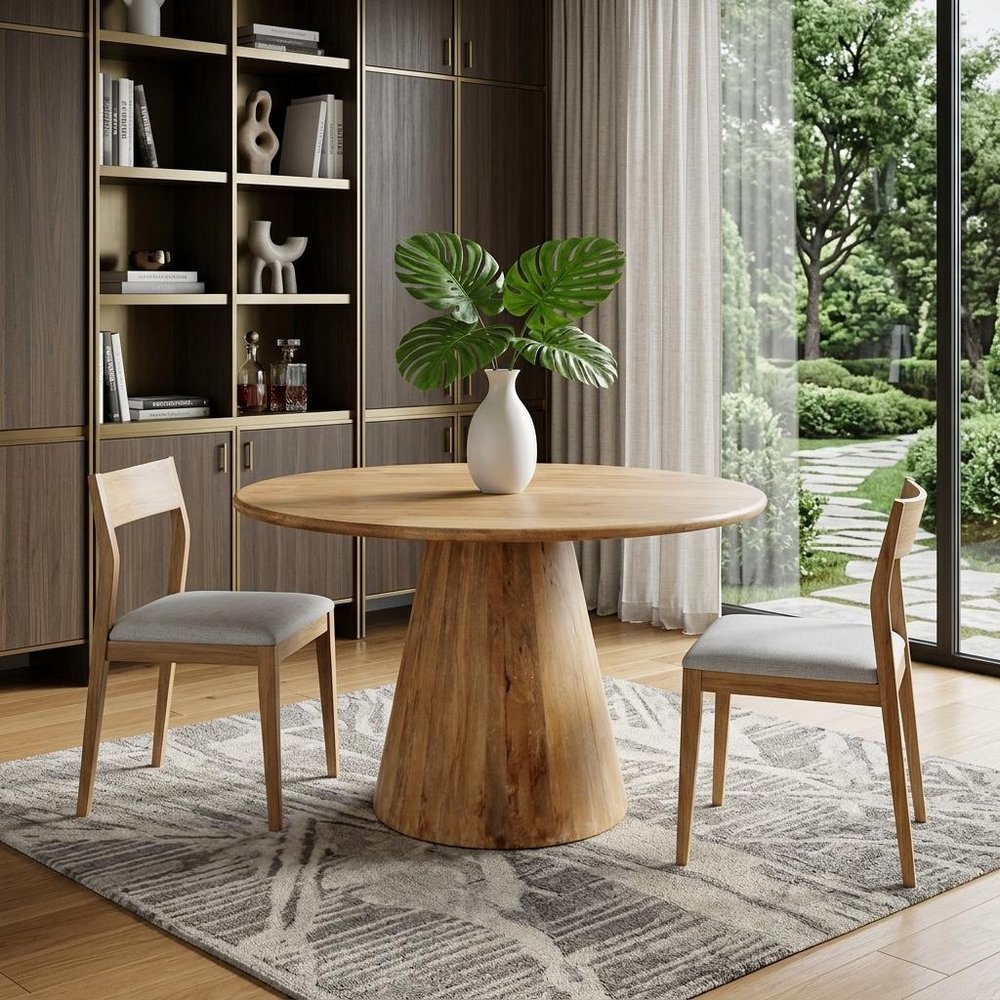 42" Natural Solid Wood Pedestal Base Round Top Dining Table