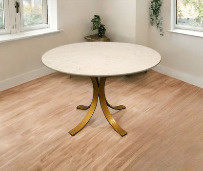 48" Ivory And Brass Rounded Marble And Iron Pedestal Base Dining Table