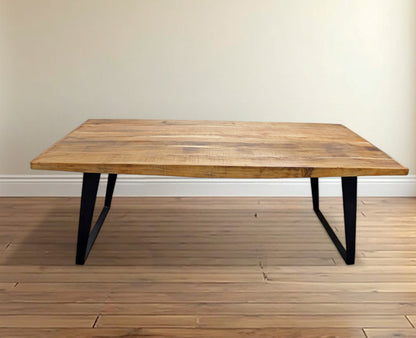 63" Natural And Black Solid Wood And Iron Sled Base Dining Table