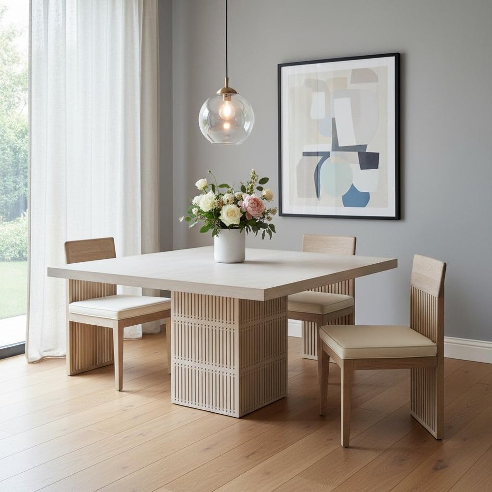 60" Ivory Square Solid Wood Pedestal Base Dining Table