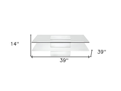 39" White And Clear Glass Square Coffee Table With Shelf