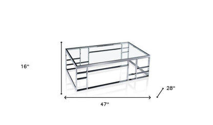 47" Clear and Silver Glass And Stainless Steel Frame Coffee Table