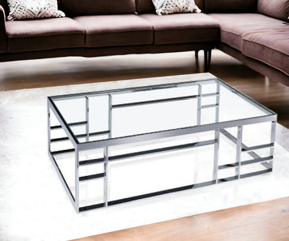 47" Clear and Silver Glass And Stainless Steel Frame Coffee Table