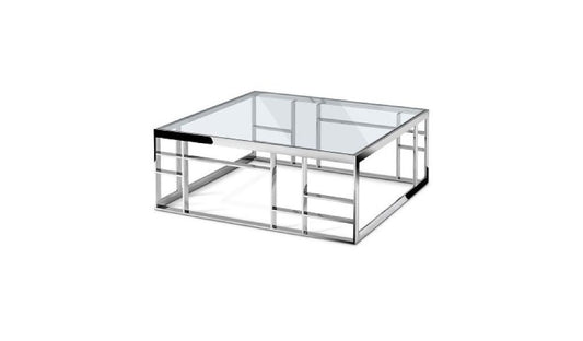 40" Clear and Silver Glass And Stainless Steel Square Frame Coffee Table