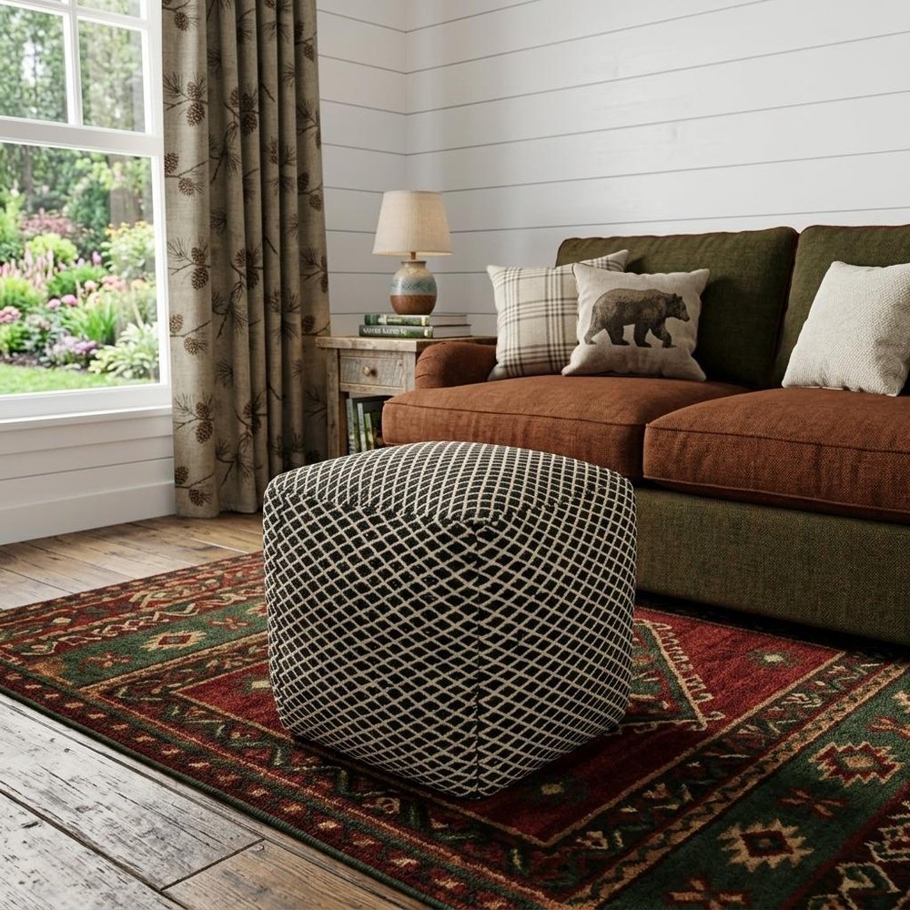 18" Black and Ivory Wool Cube Geometric Pouf Ottoman