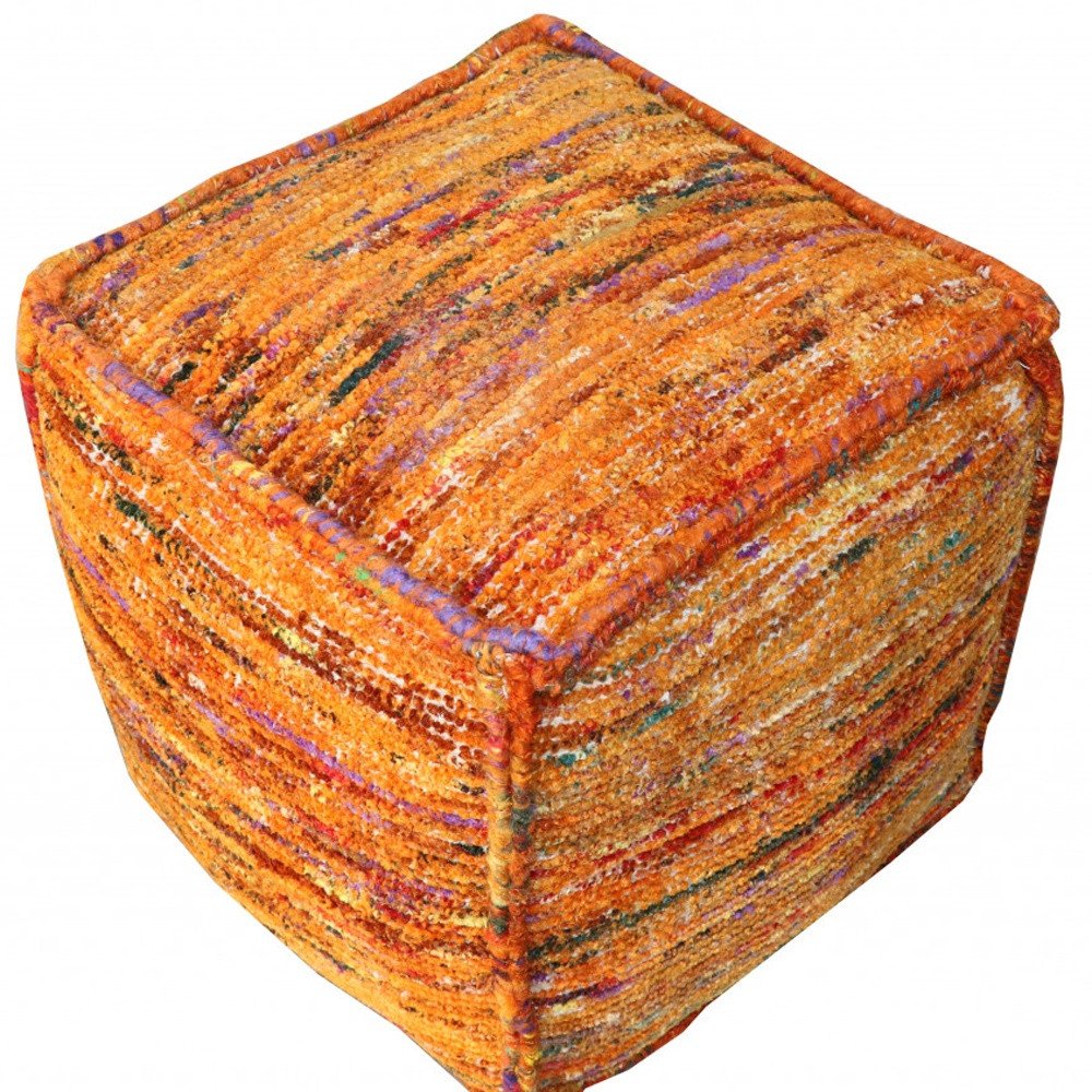 18" Orange Recycled Silk and Cotton Blend Cube Pouf Ottoman