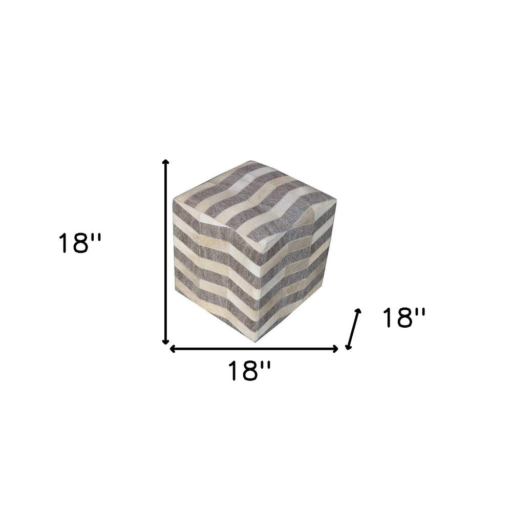 18" Gray and Beige Hair on Hide Cube Chevron Pouf Ottoman