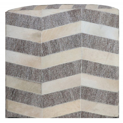 18" Gray and Beige Hair on Hide Cube Chevron Pouf Ottoman
