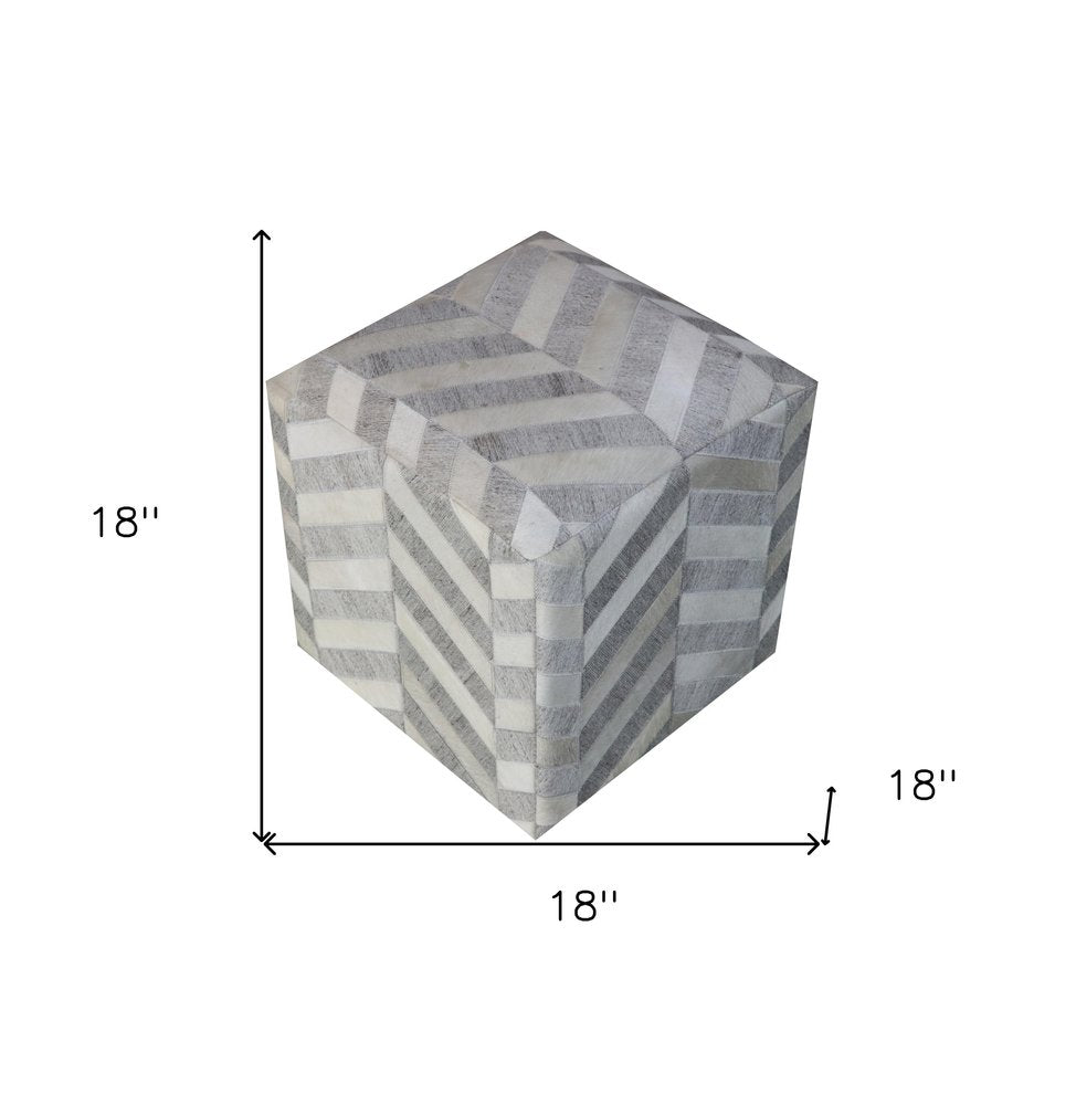 18" Gray and Ivory Hair on Hide Cube Chevron Pouf Ottoman