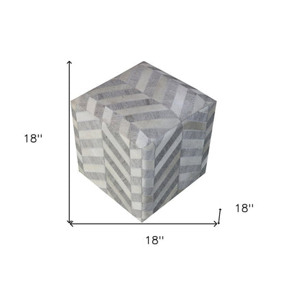 18" Gray and Ivory Hair on Hide Cube Chevron Pouf Ottoman