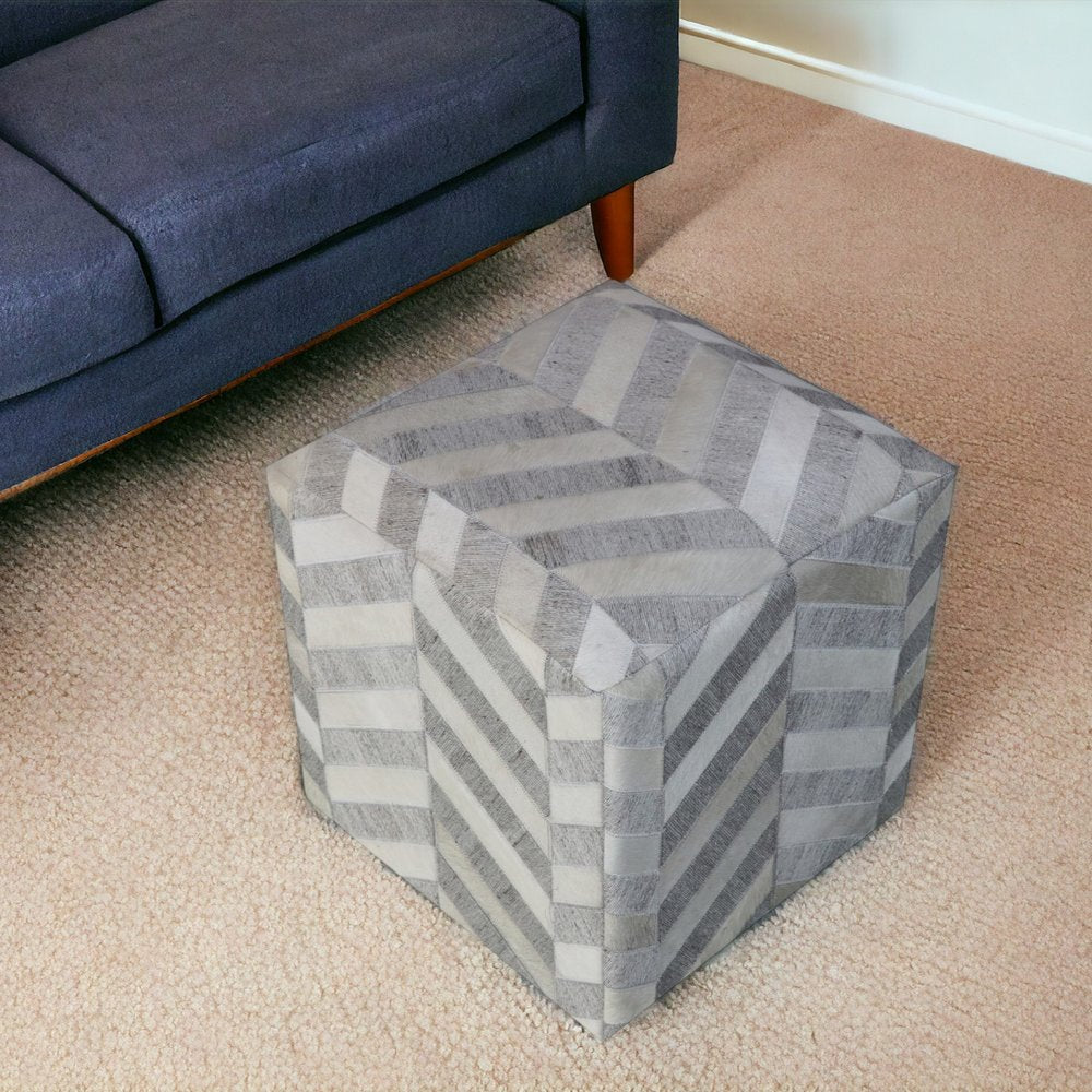 18" Gray and Ivory Hair on Hide Cube Chevron Pouf Ottoman
