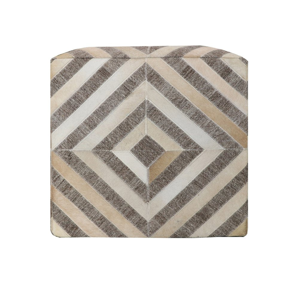 18" Gray And Beige Hair on Hide Cube Geometric Pouf Ottoman