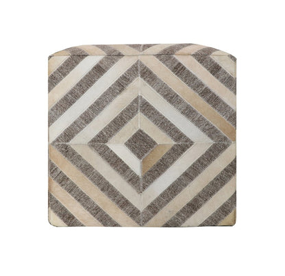 18" Gray And Beige Hair on Hide Cube Geometric Pouf Ottoman