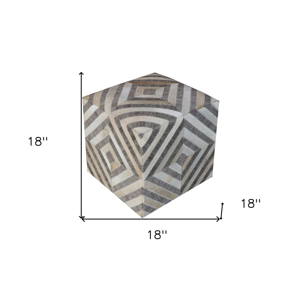 18" Gray And Beige Hair on Hide Cube Geometric Pouf Ottoman