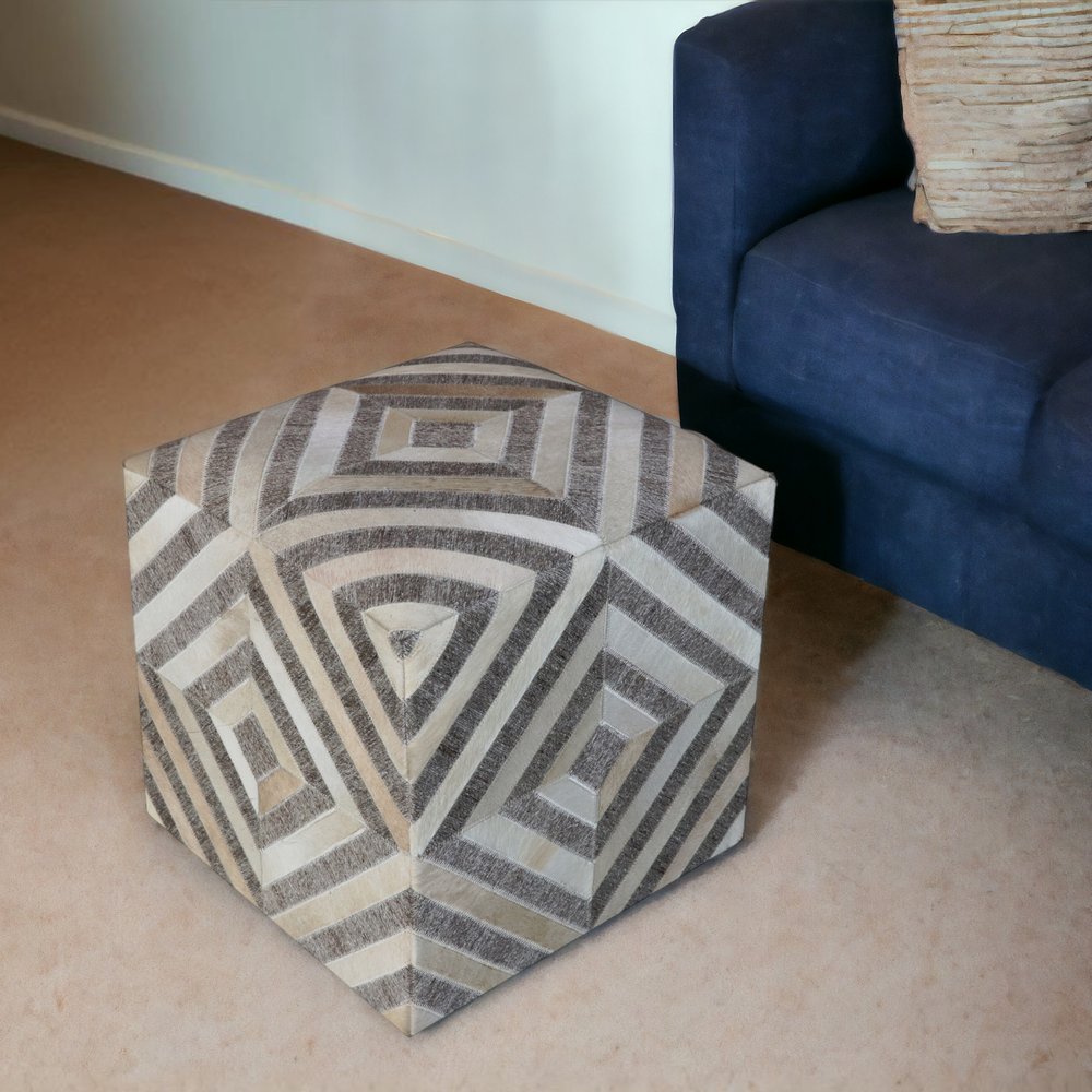 18" Gray And Beige Hair on Hide Cube Geometric Pouf Ottoman