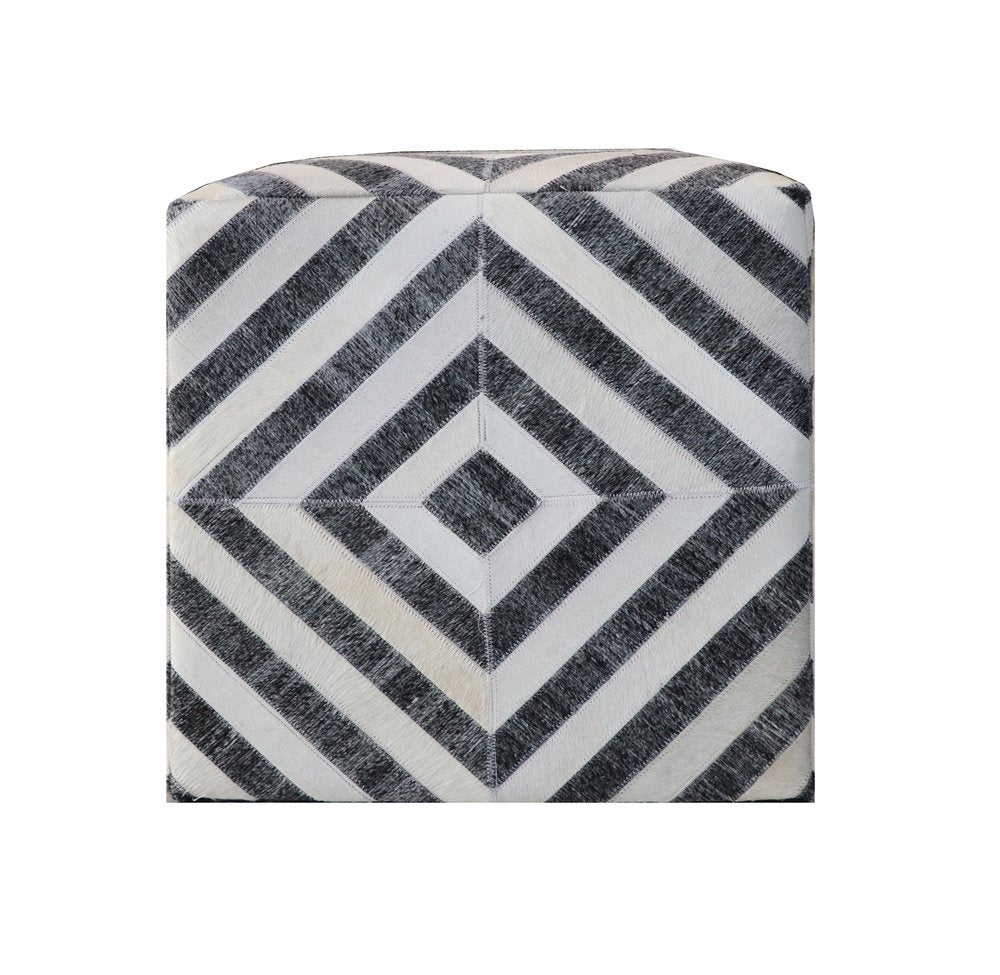 18" Dark Gray and Ivory Hair on Hide Cube Geometric Pouf Ottoman