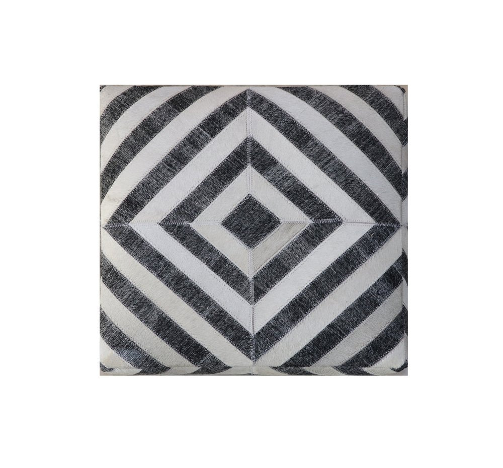18" Dark Gray and Ivory Hair on Hide Cube Geometric Pouf Ottoman