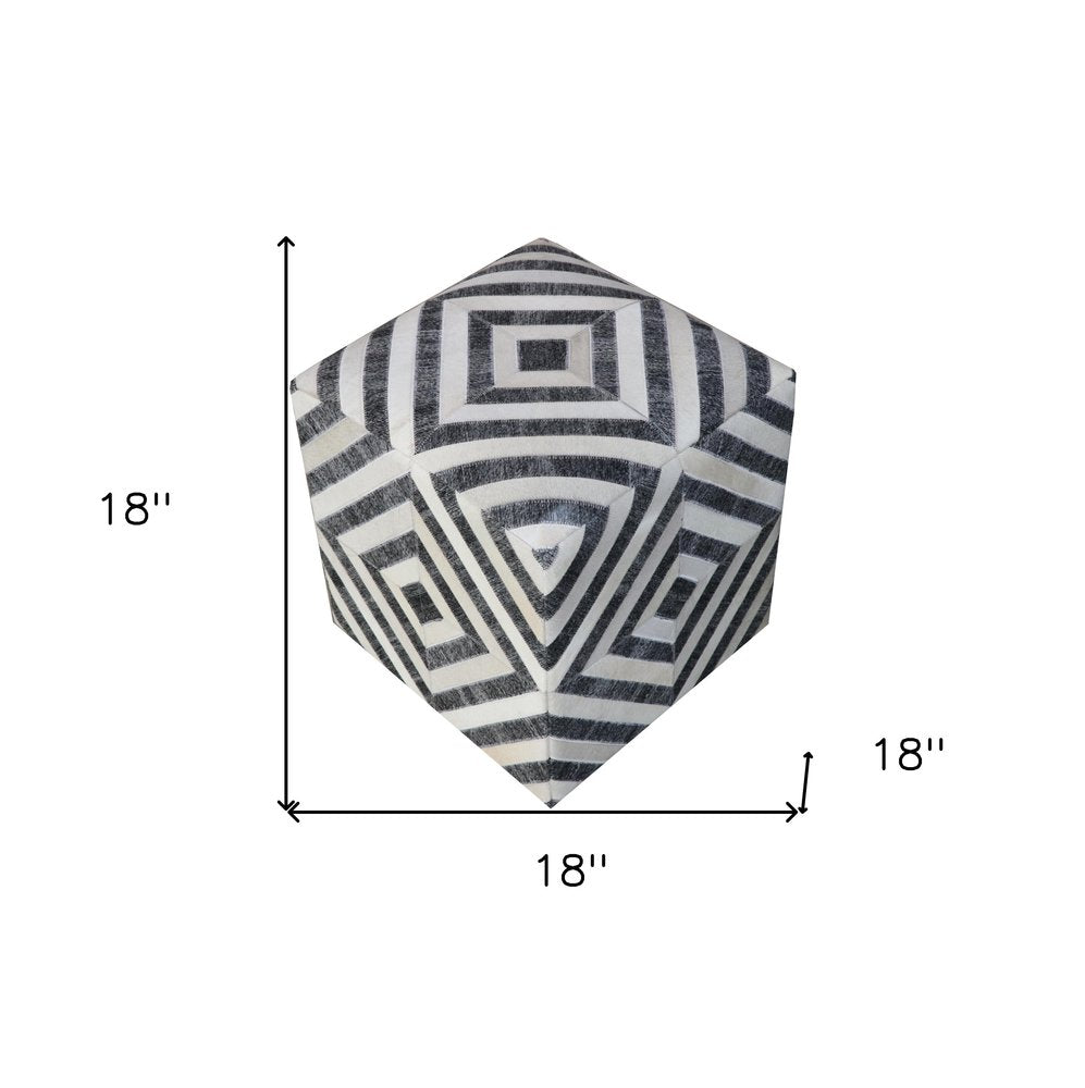 18" Dark Gray and Ivory Hair on Hide Cube Geometric Pouf Ottoman
