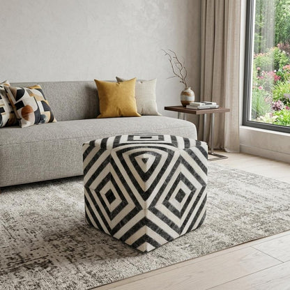 18" Dark Gray and Ivory Hair on Hide Cube Geometric Pouf Ottoman