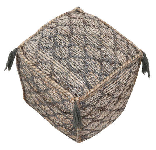 18" Natural Gray And Taupe Jute Cube Trellis Pouf Ottoman