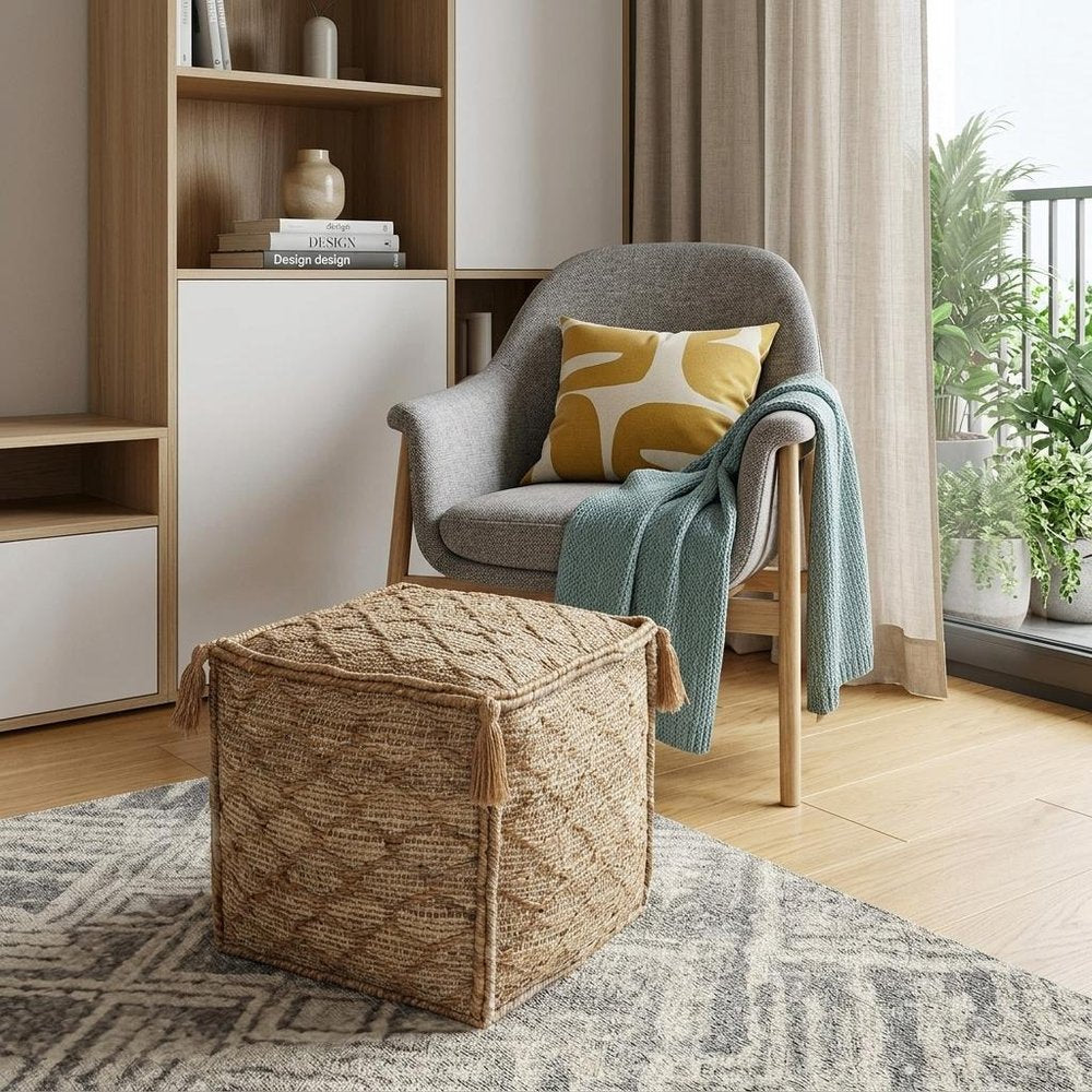 18" Brown Jute Cube Trellis Pouf Ottoman