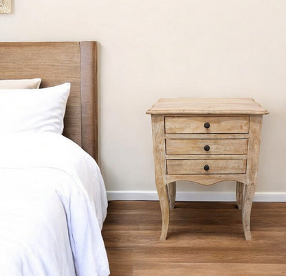 29" White Solid Wood Three Drawer Nightstand