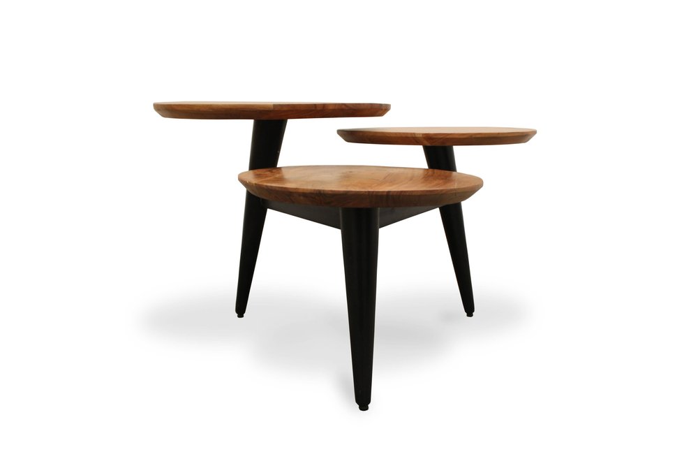 35" Natural Brown and Black Solid Wood and Iron Round Distressed Coffee Table