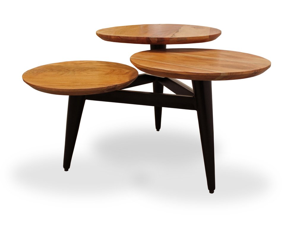 35" Natural Brown and Black Solid Wood and Iron Round Distressed Coffee Table