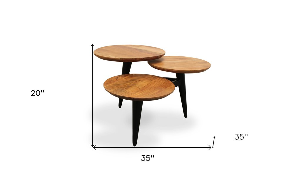 35" Natural Brown and Black Solid Wood and Iron Round Distressed Coffee Table