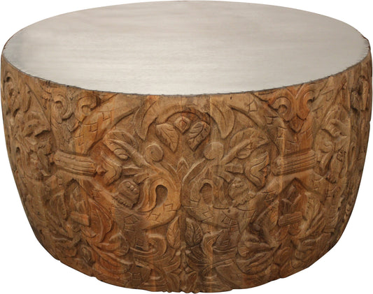 32" White And Natural Iron And Solid Wood Round Coffee Table